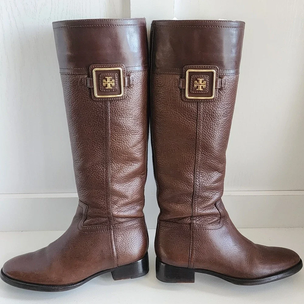 Tory Burch Julian Riding Boot Brown Leather Knee High Gold Logo Buckle Women 6.5